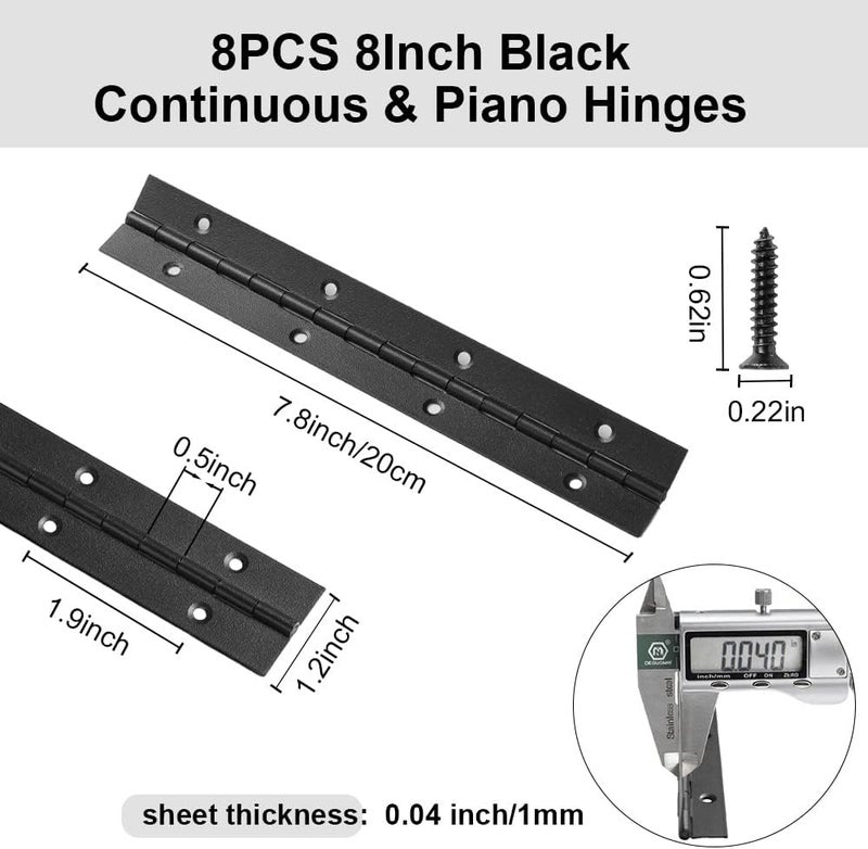 FVSEC 8 Pack 8 Inch Piano Hinge, Heavy Duty Continuous Hinge with Holes for Cabinets Boat Marine Door, 304 Stainless Steel 0.04" Leaf Thickness 1.2'' Open Width (Black) - Image 2